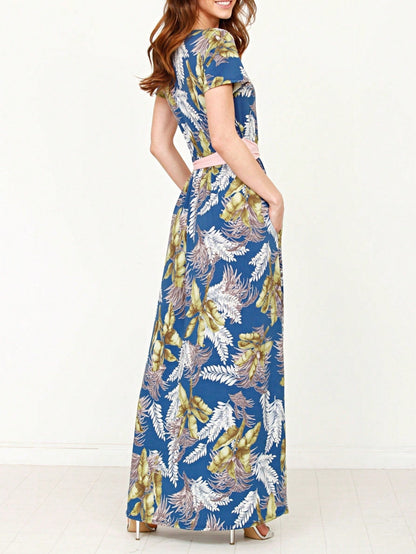 Boho Retro Polka Dot Rayon Mix Casual  Maxi Dress With Folded Cap Sleeve Side Pockets Versatile Summer Dress For Women