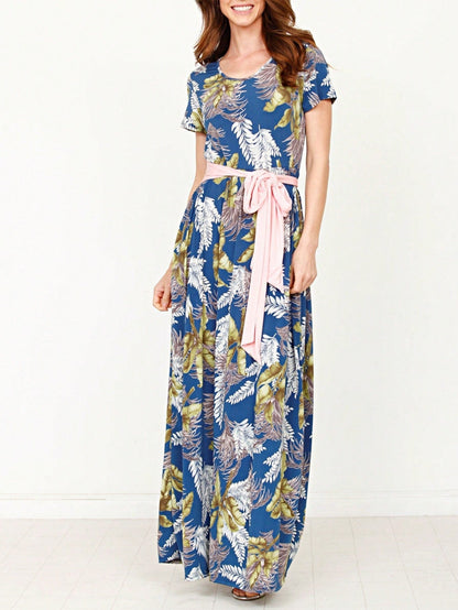 Boho Retro Polka Dot Rayon Mix Casual  Maxi Dress With Folded Cap Sleeve Side Pockets Versatile Summer Dress For Women