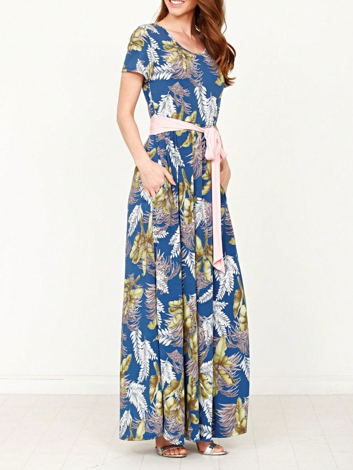 Boho Retro Polka Dot Rayon Mix Casual  Maxi Dress With Folded Cap Sleeve Side Pockets Versatile Summer Dress For Women