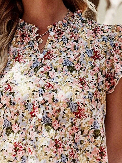 Boho Retro Vintage 60's Vibe Rose Red Floral Pleated Blue Stripe Dolman Bat Wing Ivory Whited Top Shirt Blouse