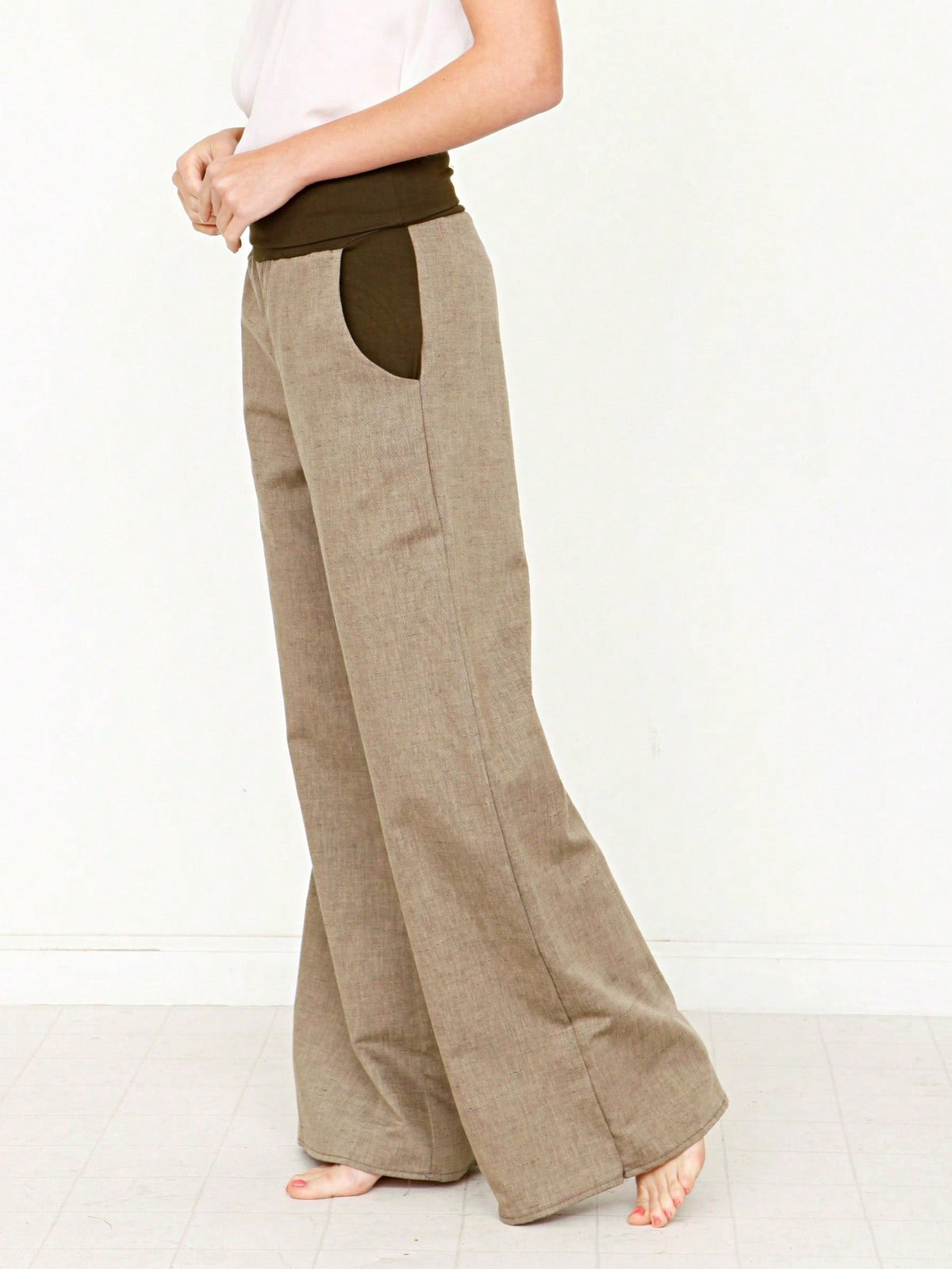 Boho Solid Fold Over Lounge Pants  Plain Bermuda Midi Casual Linen With Pocket Pants