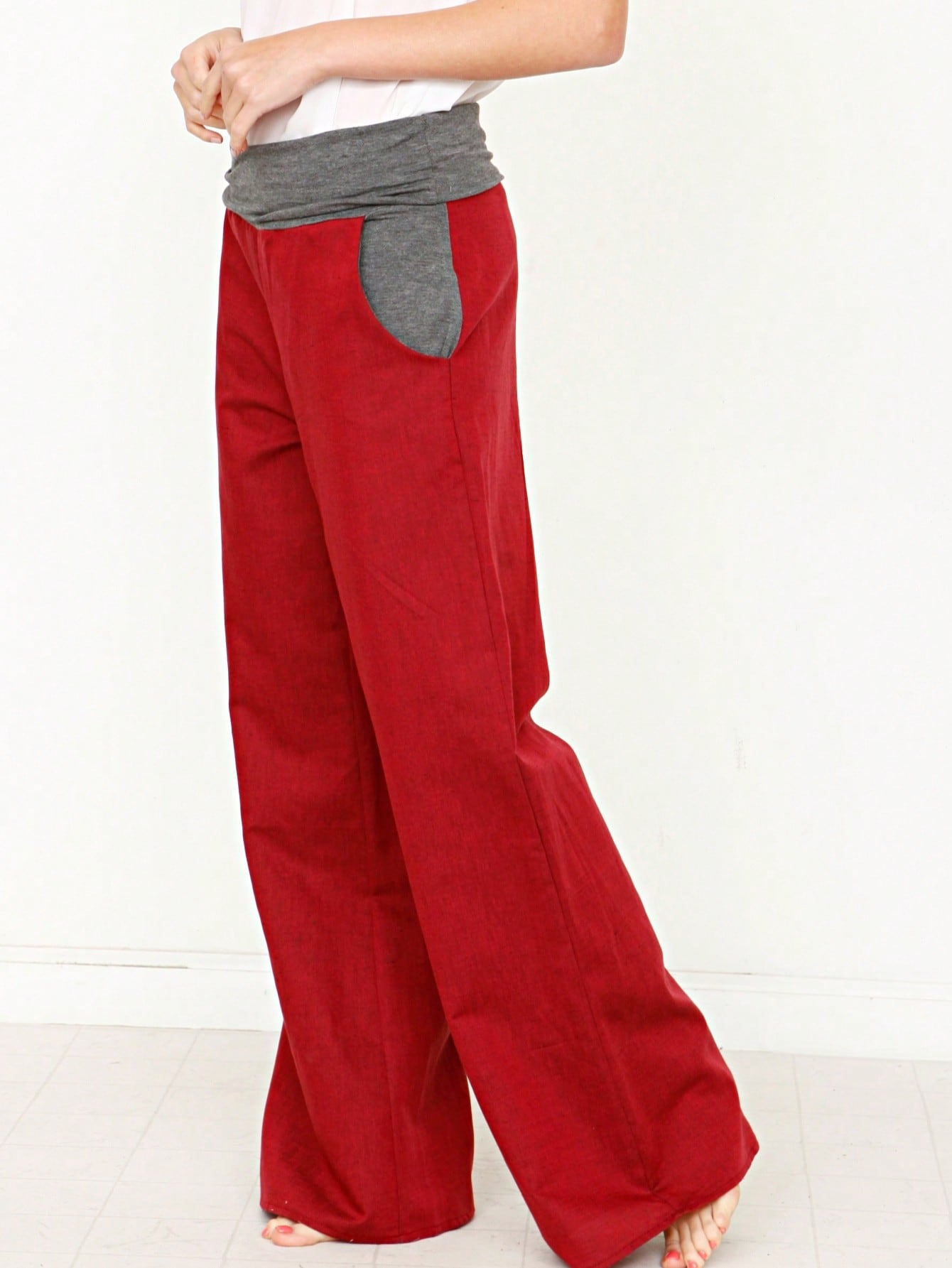 Boho Solid Fold Over Lounge Pants  Plain Bermuda Midi Casual Linen With Pocket Pants