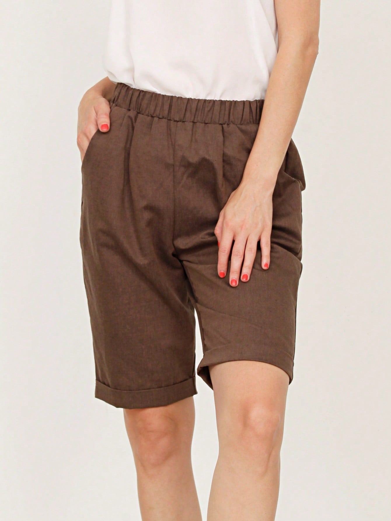 Boho Solid Fold Over Lounge Pants  Plain Bermuda Midi Casual Linen With Pocket Pants