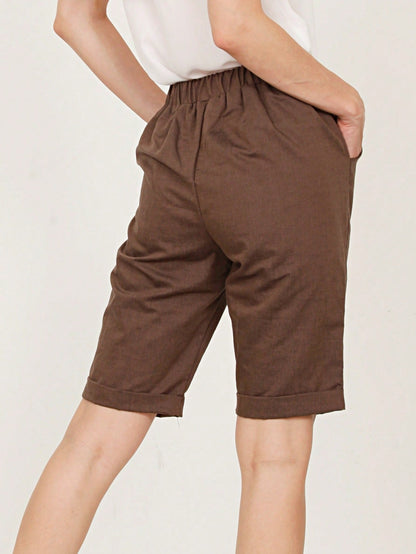 Boho Solid Fold Over Lounge Pants  Plain Bermuda Midi Casual Linen With Pocket Pants