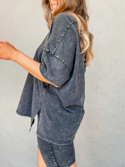 Boho Retro 90's Cotton Stripe Button Drop Shoulder Dolman Henley Top & Pants Shorts Set