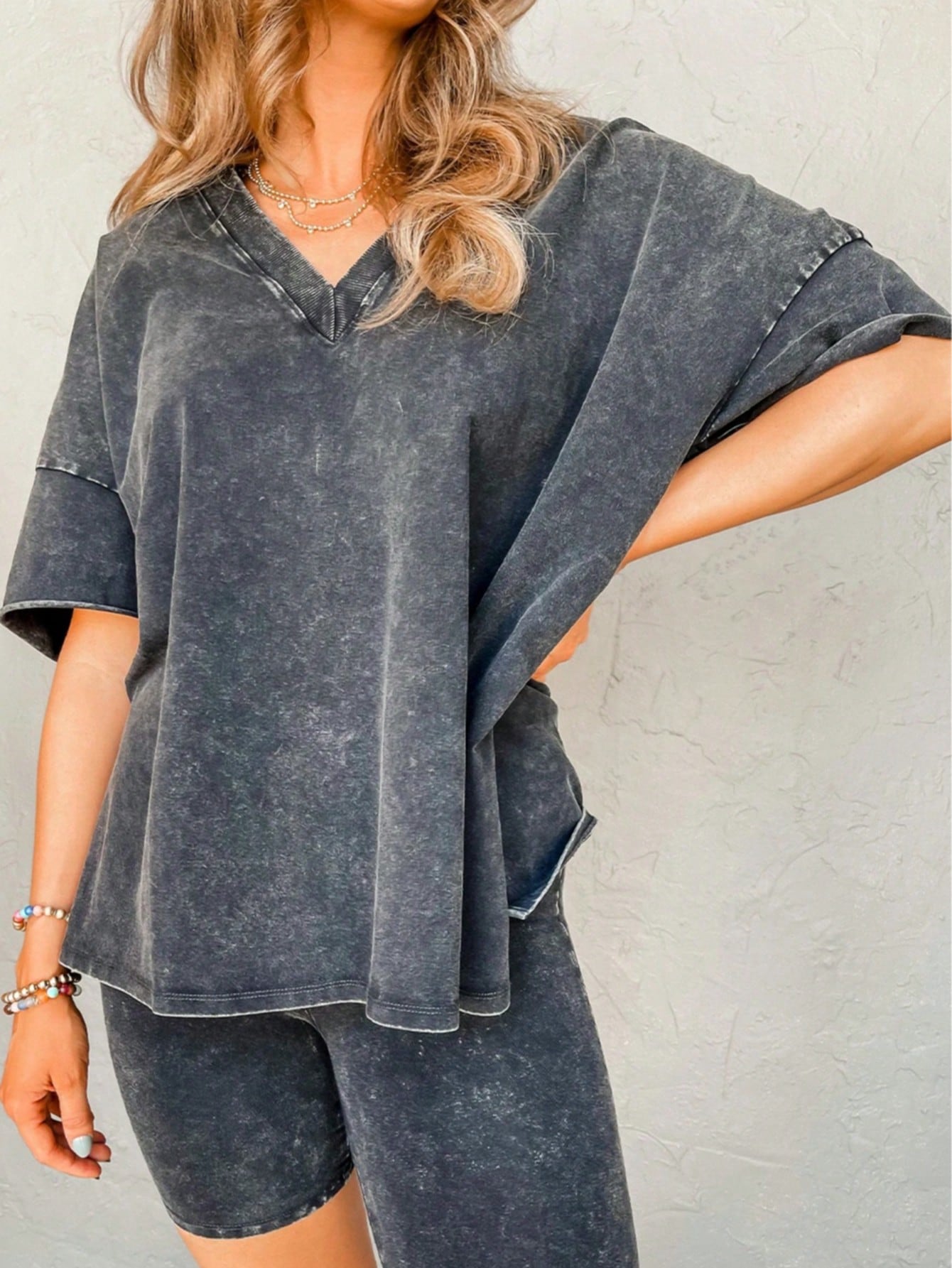 Boho Retro 90's Cotton Stripe Button Drop Shoulder Dolman Henley Top & Pants Shorts Set