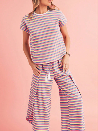 Boho Retro 90's Cotton Stripe Button Drop Shoulder Dolman Henley Top & Pants Shorts Set