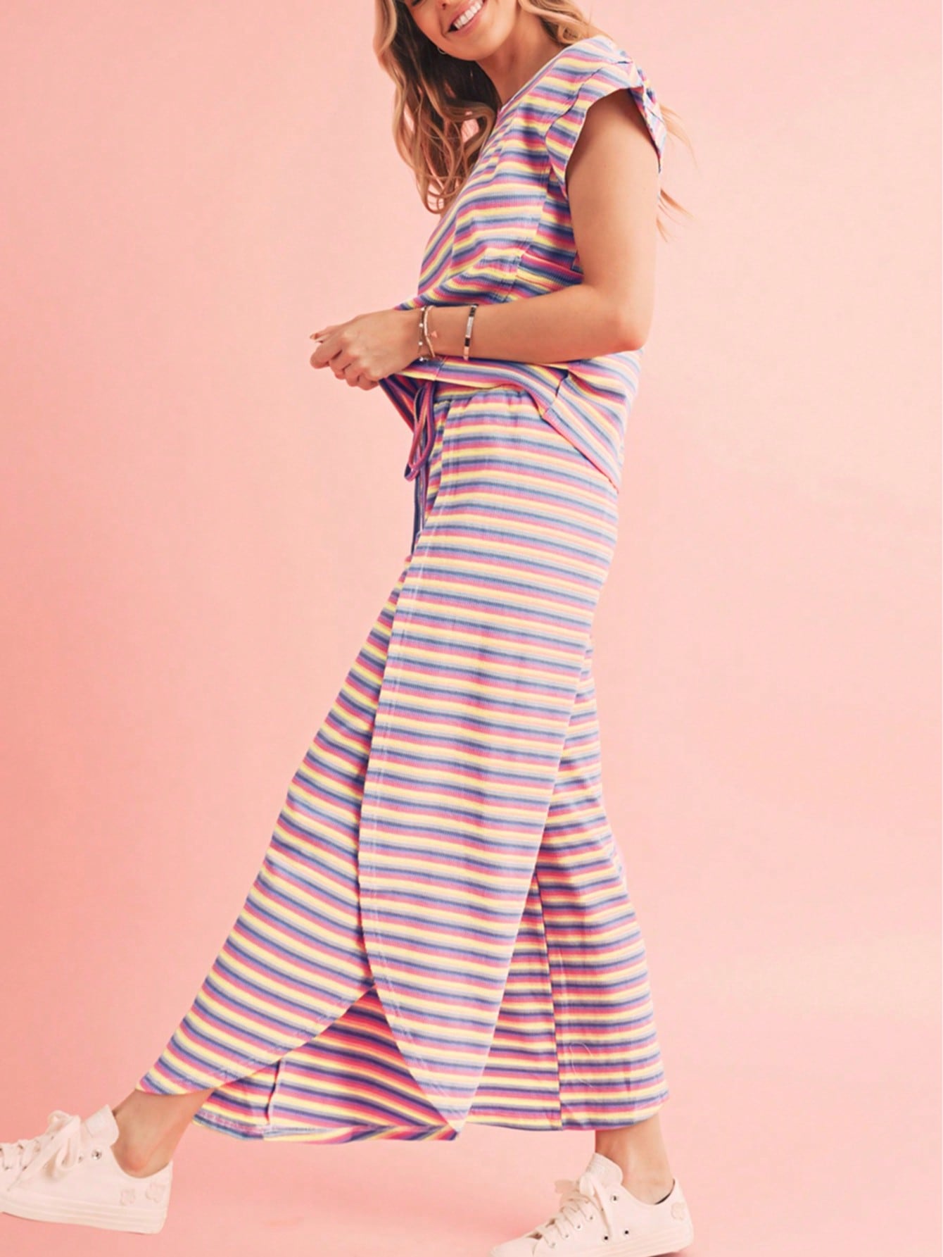 Boho Retro 90's Cotton Stripe Button Drop Shoulder Dolman Henley Top & Pants Shorts Set