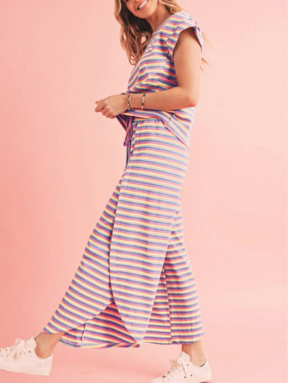 Boho Retro 90's Cotton Stripe Button Drop Shoulder Dolman Henley Top & Pants Shorts Set