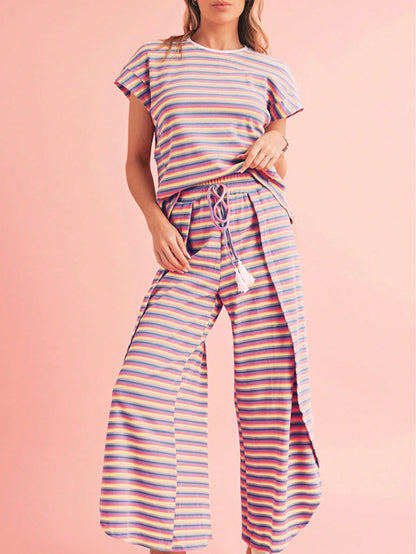 Boho Retro 90's Cotton Stripe Button Drop Shoulder Dolman Henley Top & Pants Shorts Set