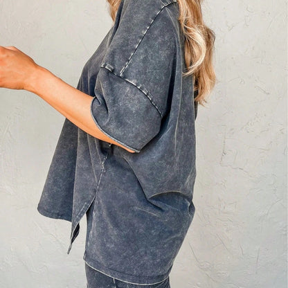 Boho Retro 90's Cotton Stripe Button Drop Shoulder Dolman Henley Top & Pants Shorts Set