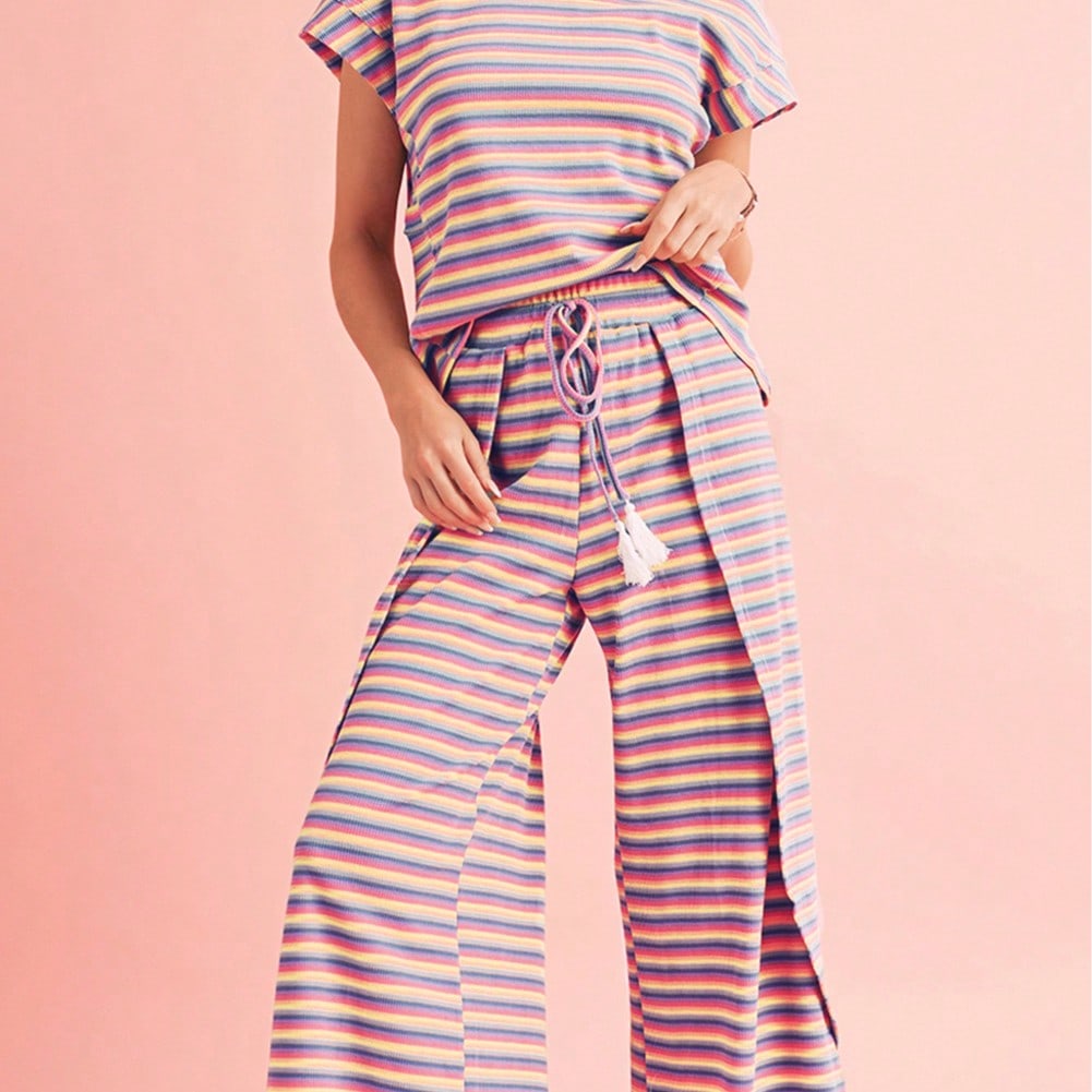 Boho Retro 90's Cotton Stripe Button Drop Shoulder Dolman Henley Top & Pants Shorts Set