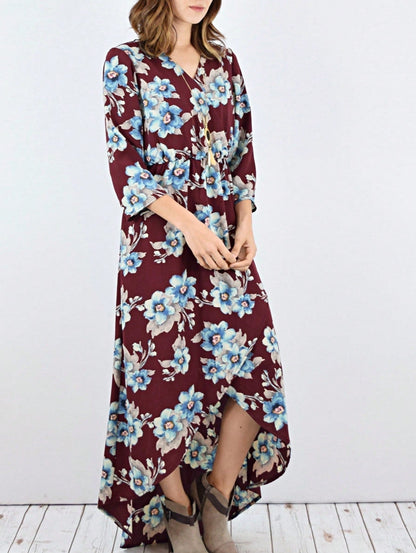 Boho Retro Polka Dot Rayon Mix Casual  Maxi Dress With Folded Cap Sleeve Side Pockets Versatile Summer Dress For Women