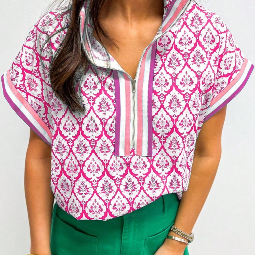 Boho Retro Vintage 60's Vibe Rose Red Floral Pleated Blue Stripe Dolman Bat Wing Ivory Whited Top Shirt Blouse