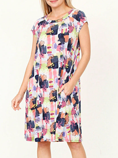 Boho Retro Classic Cap Sleeve Raglan Contrast  Stripe Green Red Navy Pink Grey Tunic Dress