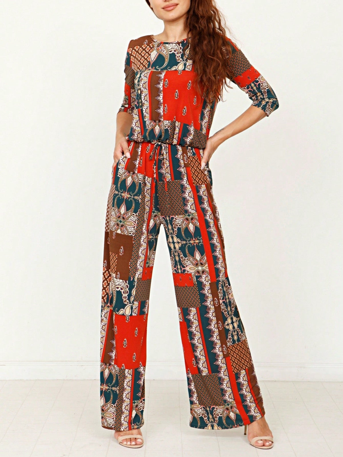 Boho Casual Beige Blue Floral Leaf Tank Cami One Shoulder Ruffle Wide Leg Jumpsuit Small To 3 XL PLUS