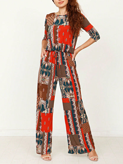Boho Casual Beige Blue Floral Leaf Tank Cami One Shoulder Ruffle Wide Leg Jumpsuit Small To 3 XL PLUS