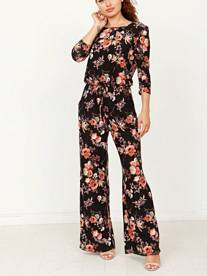 Boho Casual Beige Blue Floral Leaf Tank Cami One Shoulder Ruffle Wide Leg Jumpsuit Small To 3 XL PLUS