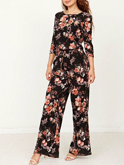Boho Casual Beige Blue Floral Leaf Tank Cami One Shoulder Ruffle Wide Leg Jumpsuit Small To 3 XL PLUS