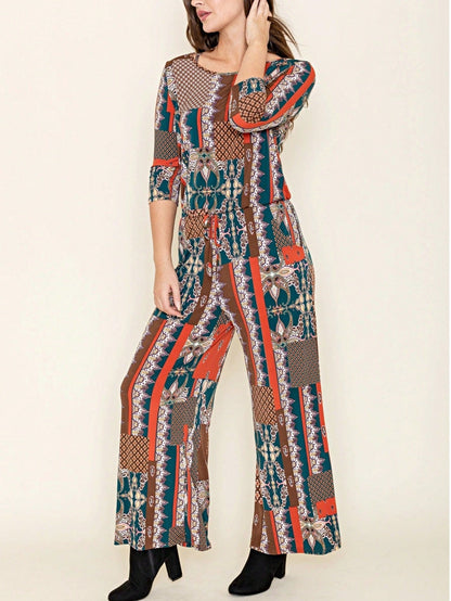 Boho Casual Beige Blue Floral Leaf Tank Cami One Shoulder Ruffle Wide Leg Jumpsuit Small To 3 XL PLUS