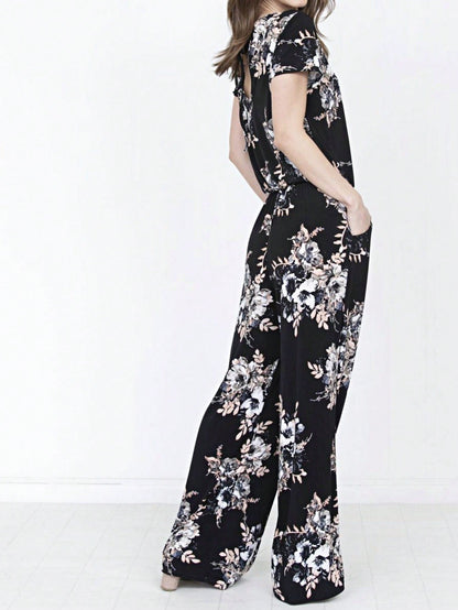 Boho Casual Beige Blue Floral Leaf Tank Cami One Shoulder Ruffle Wide Leg Jumpsuit Small To 3 XL PLUS