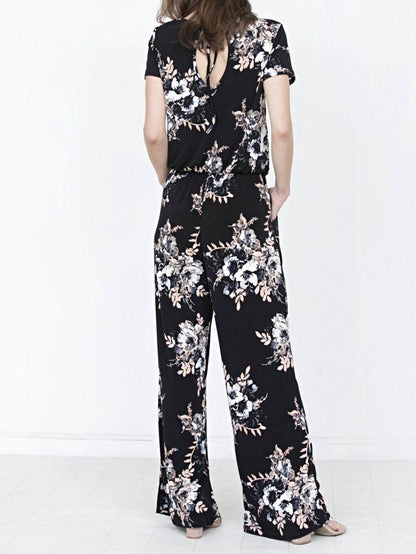 Boho Casual Beige Blue Floral Leaf Tank Cami One Shoulder Ruffle Wide Leg Jumpsuit Small To 3 XL PLUS