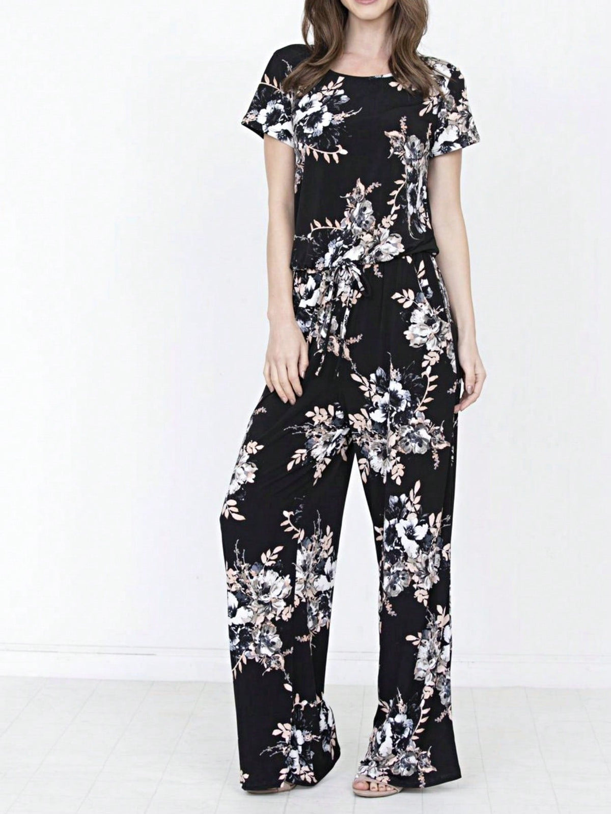 Boho Casual Beige Blue Floral Leaf Tank Cami One Shoulder Ruffle Wide Leg Jumpsuit Small To 3 XL PLUS
