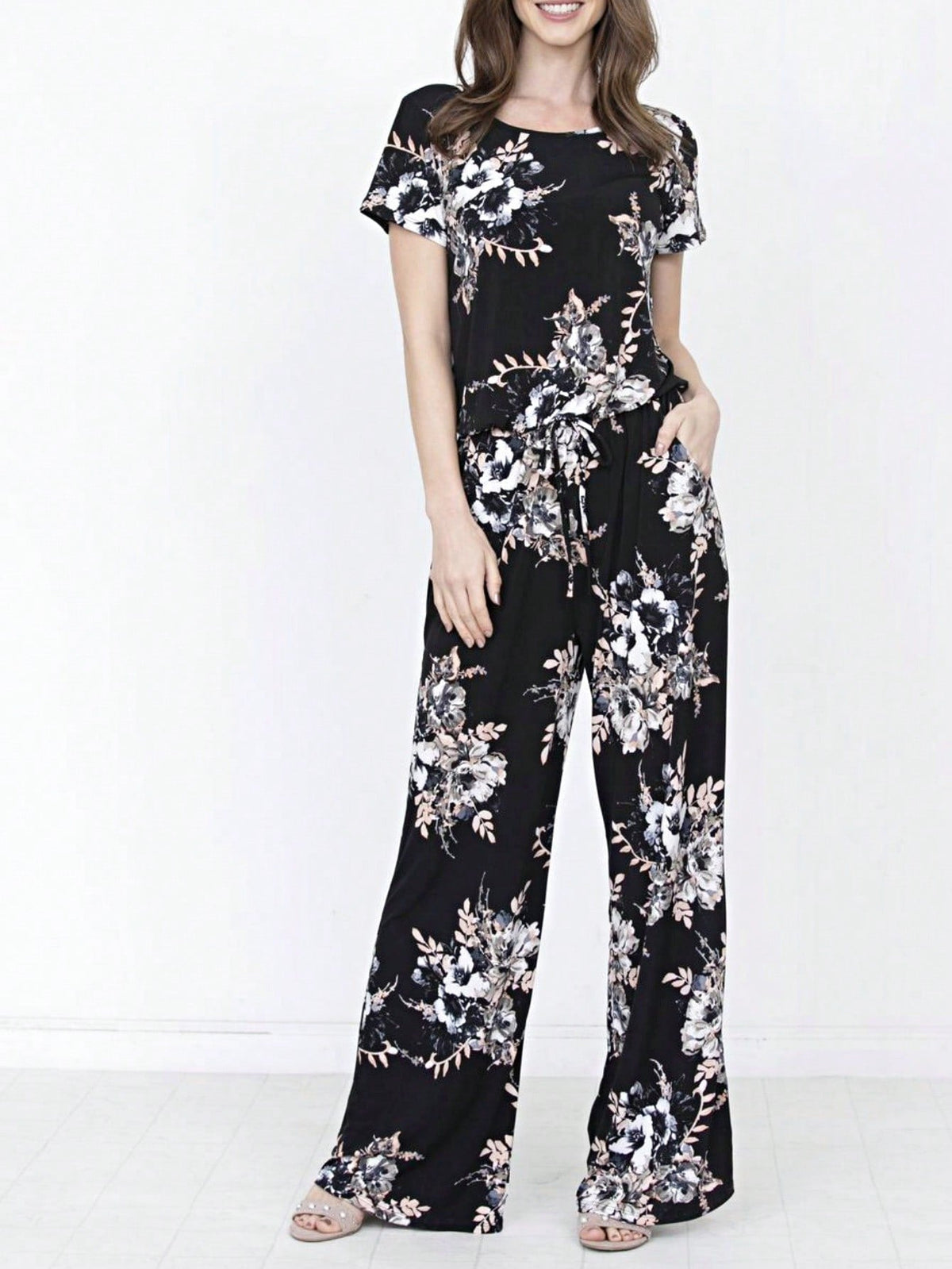 Boho Casual Beige Blue Floral Leaf Tank Cami One Shoulder Ruffle Wide Leg Jumpsuit Small To 3 XL PLUS
