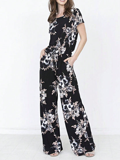 Boho Casual Beige Blue Floral Leaf Tank Cami One Shoulder Ruffle Wide Leg Jumpsuit Small To 3 XL PLUS