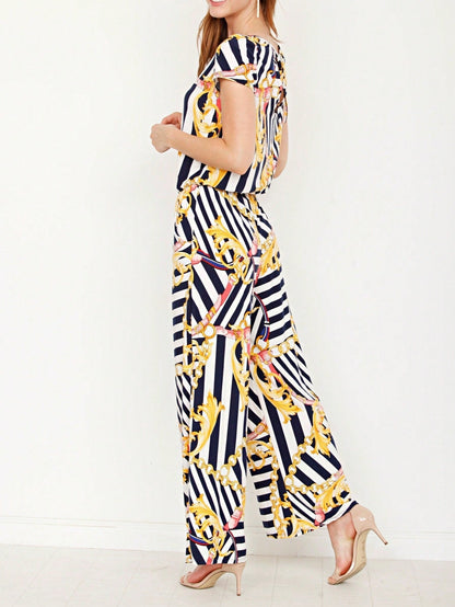 Boho Casual Beige Blue Floral Leaf Tank Cami One Shoulder Ruffle Wide Leg Jumpsuit Small To 3 XL PLUS