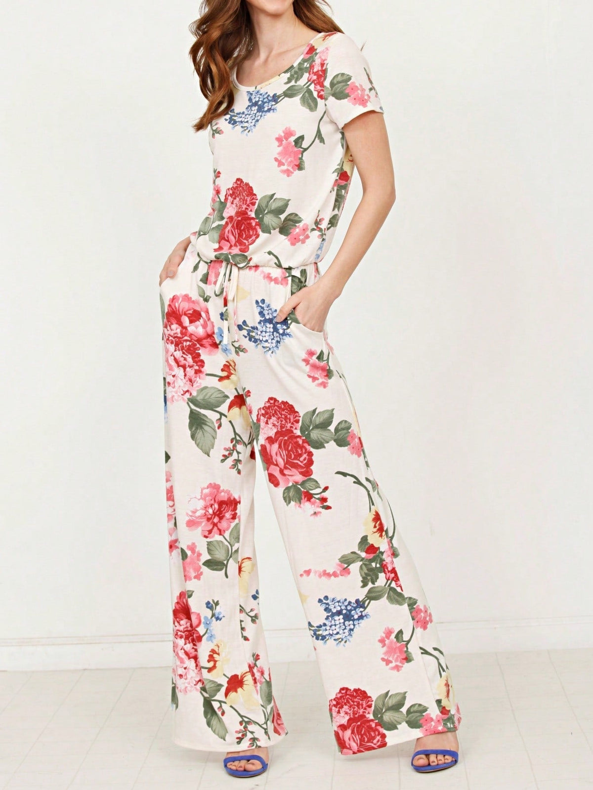 Boho Casual Beige Blue Floral Leaf Tank Cami One Shoulder Ruffle Wide Leg Jumpsuit Small To 3 XL PLUS