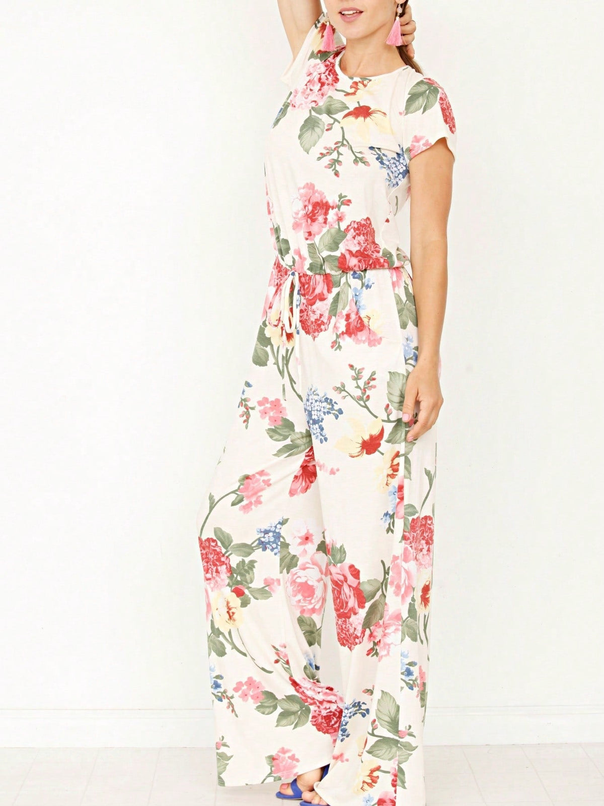 Boho Casual Beige Blue Floral Leaf Tank Cami One Shoulder Ruffle Wide Leg Jumpsuit Small To 3 XL PLUS
