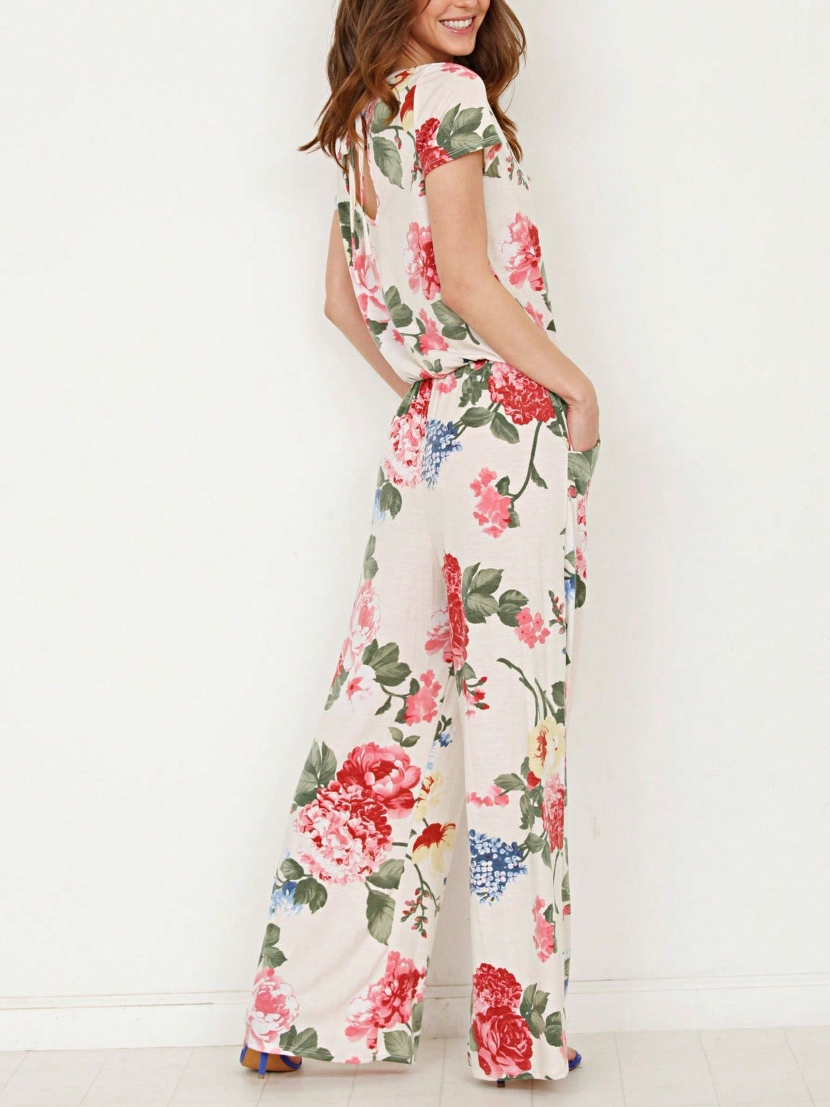 Boho Casual Beige Blue Floral Leaf Tank Cami One Shoulder Ruffle Wide Leg Jumpsuit Small To 3 XL PLUS