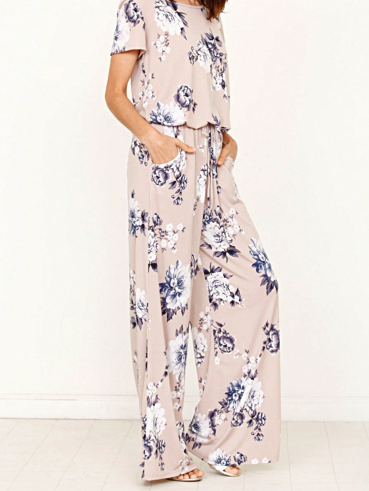 Boho Casual Beige Blue Floral Leaf Tank Cami One Shoulder Ruffle Wide Leg Jumpsuit Small To 3 XL PLUS