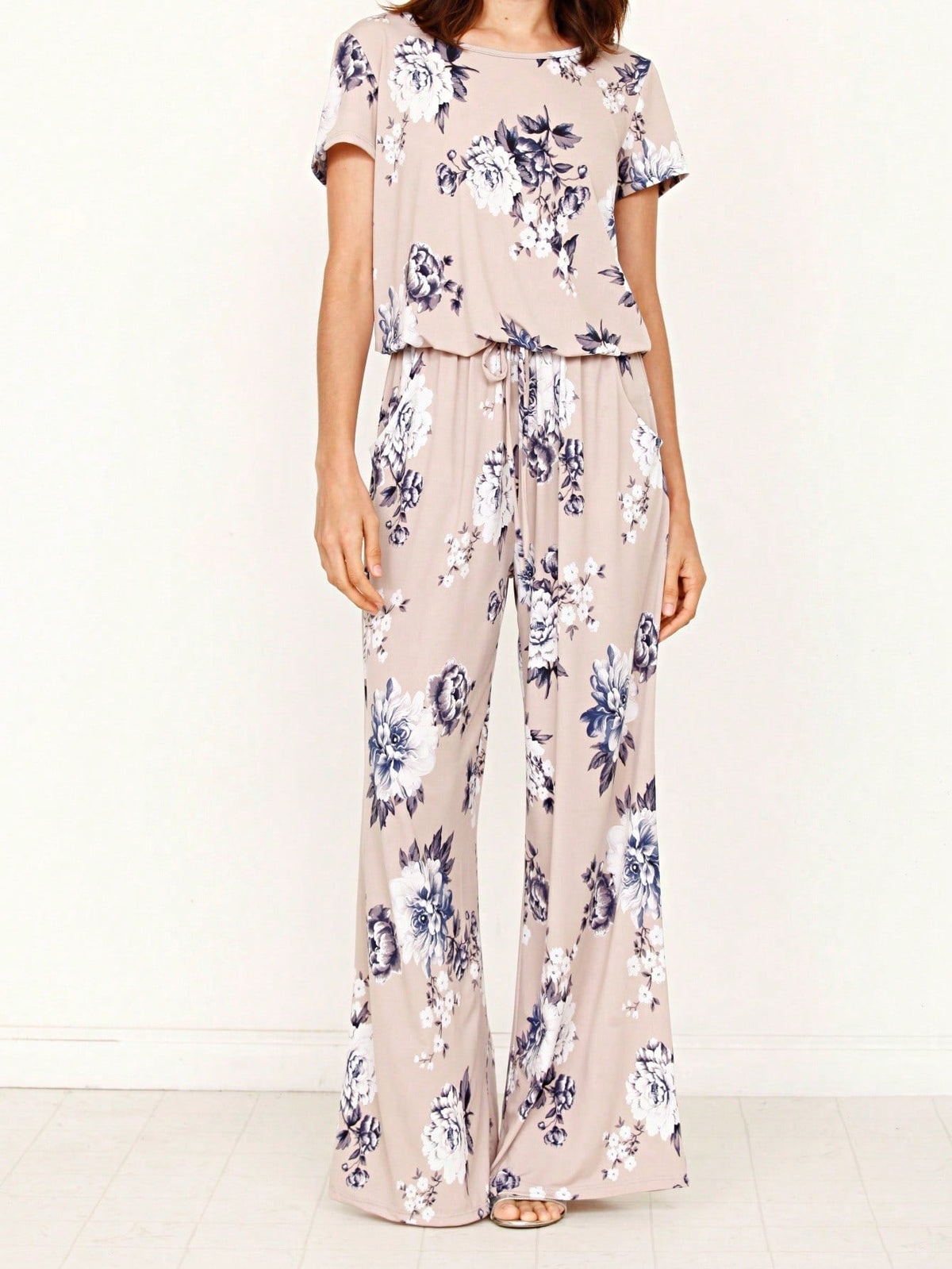 Boho Casual Beige Blue Floral Leaf Tank Cami One Shoulder Ruffle Wide Leg Jumpsuit Small To 3 XL PLUS