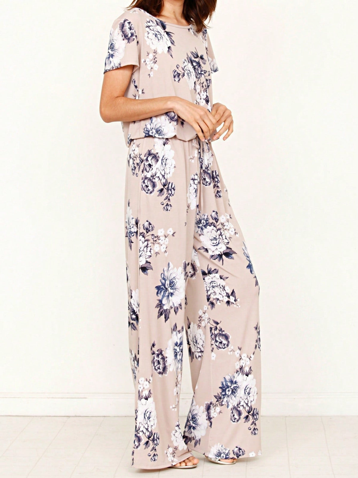 Boho Casual Beige Blue Floral Leaf Tank Cami One Shoulder Ruffle Wide Leg Jumpsuit Small To 3 XL PLUS