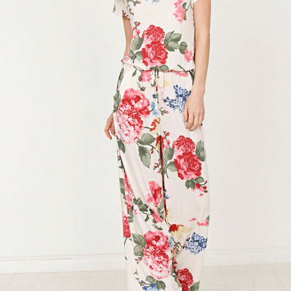Boho Casual Beige Blue Floral Leaf Tank Cami One Shoulder Ruffle Wide Leg Jumpsuit Small To 3 XL PLUS