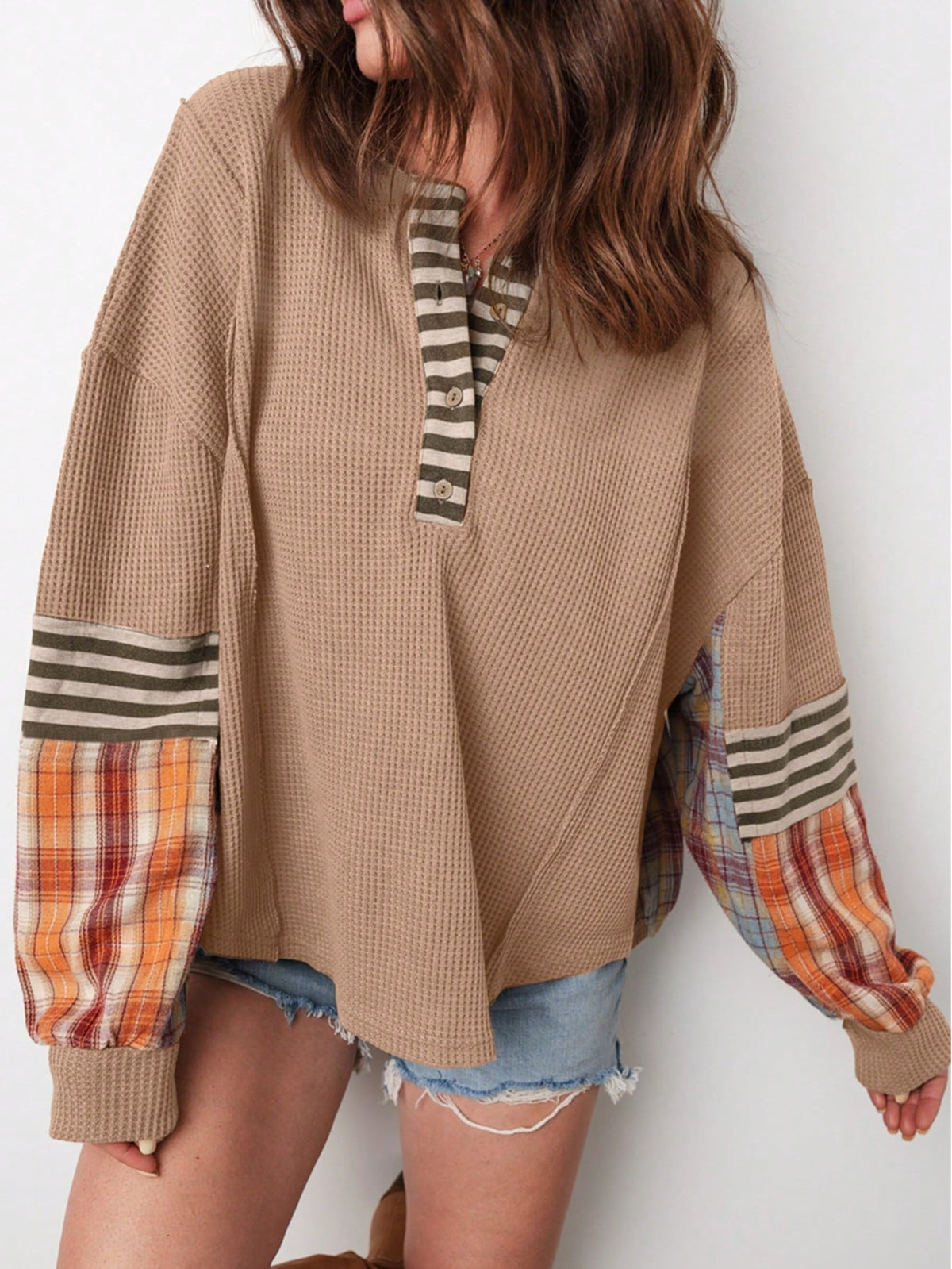Boho Retro Vintage 90's Stripe Cotton Drop Shoulder Over Size V Neck Rugby  Preppy Shirt  Top Pullover Sweater