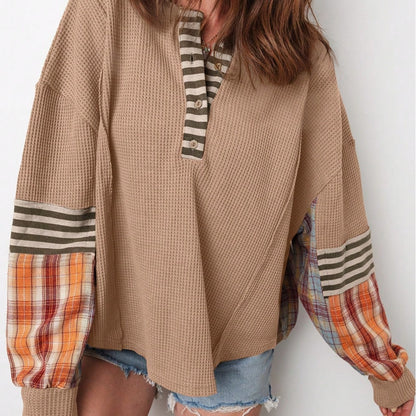 Boho Retro Vintage 90's Stripe Cotton Drop Shoulder Over Size V Neck Rugby  Preppy Shirt  Top Pullover Sweater