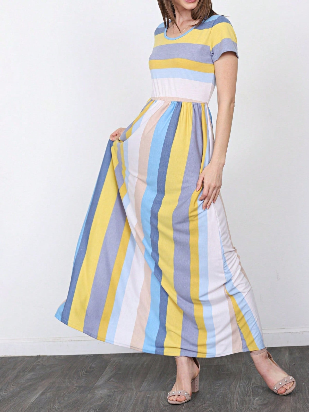 Boho Retro Polka Dot Rayon Mix Casual  Maxi Dress With Folded Cap Sleeve Side Pockets Versatile Summer Dress For Women