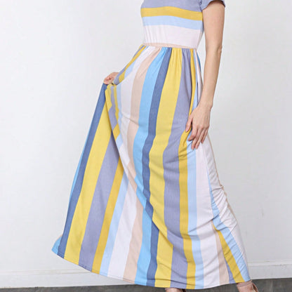 Boho Retro Polka Dot Rayon Mix Casual  Maxi Dress With Folded Cap Sleeve Side Pockets Versatile Summer Dress For Women