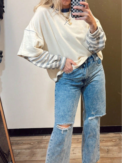Boho Retro Vintage 90's Stripe Cotton Drop Shoulder Over Size V Neck Rugby  Preppy Shirt  Top Pullover Sweater