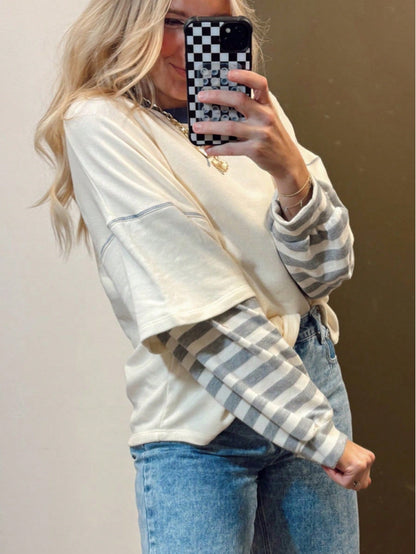 Boho Retro Vintage 90's Stripe Cotton Drop Shoulder Over Size V Neck Rugby  Preppy Shirt  Top Pullover Sweater