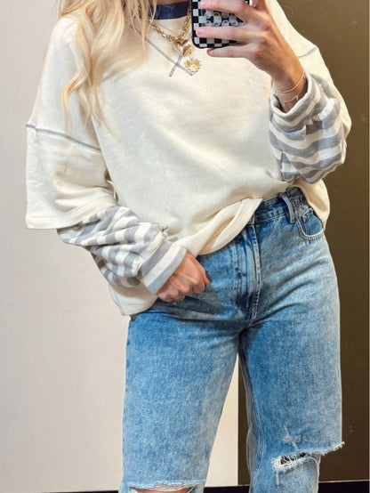Boho Retro Vintage 90's Stripe Cotton Drop Shoulder Over Size V Neck Rugby  Preppy Shirt  Top Pullover Sweater