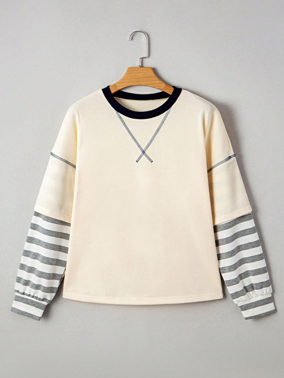 Boho Retro Vintage 90's Stripe Cotton Drop Shoulder Over Size V Neck Rugby  Preppy Shirt  Top Pullover Sweater