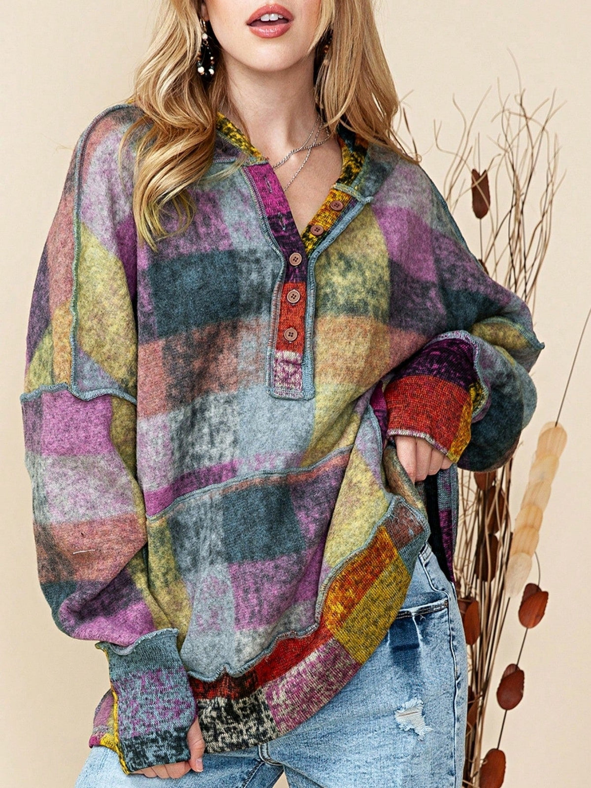 Boho Retro Vintage 60's  Drop Shoulder Wide Kimono Camouflage Marble Acid Sleeve Stripe Eyelet Overs Sized  Sweater Knit Hood Pullover Hodie