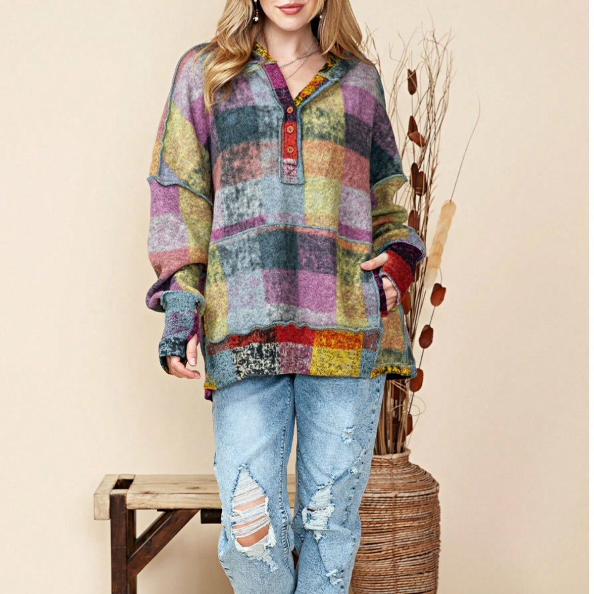 Boho Retro Vintage 60's  Drop Shoulder Wide Kimono Camouflage Marble Acid Sleeve Stripe Eyelet Overs Sized  Sweater Knit Hood Pullover Hodie