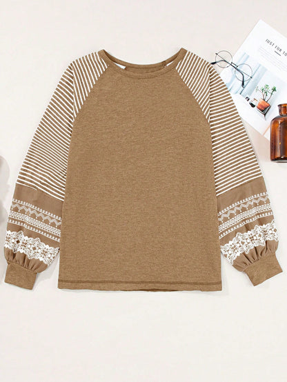 Boho Retro Dolman 60's Color Block Lace Color Block Lantern Sleeve Style Viscose Mixed Long Sleeve Shirt Top Small To 2XL Plus