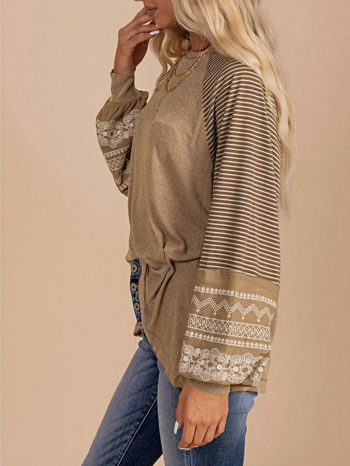 Boho Retro Dolman 60's Color Block Lace Color Block Lantern Sleeve Style Viscose Mixed Long Sleeve Shirt Top Small To 2XL Plus