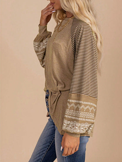 Boho Retro Dolman 60's Color Block Lace Color Block Lantern Sleeve Style Viscose Mixed Long Sleeve Shirt Top Small To 2XL Plus